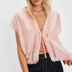NWT Free People Blush Pink Lace-Trim Tie-Front Top